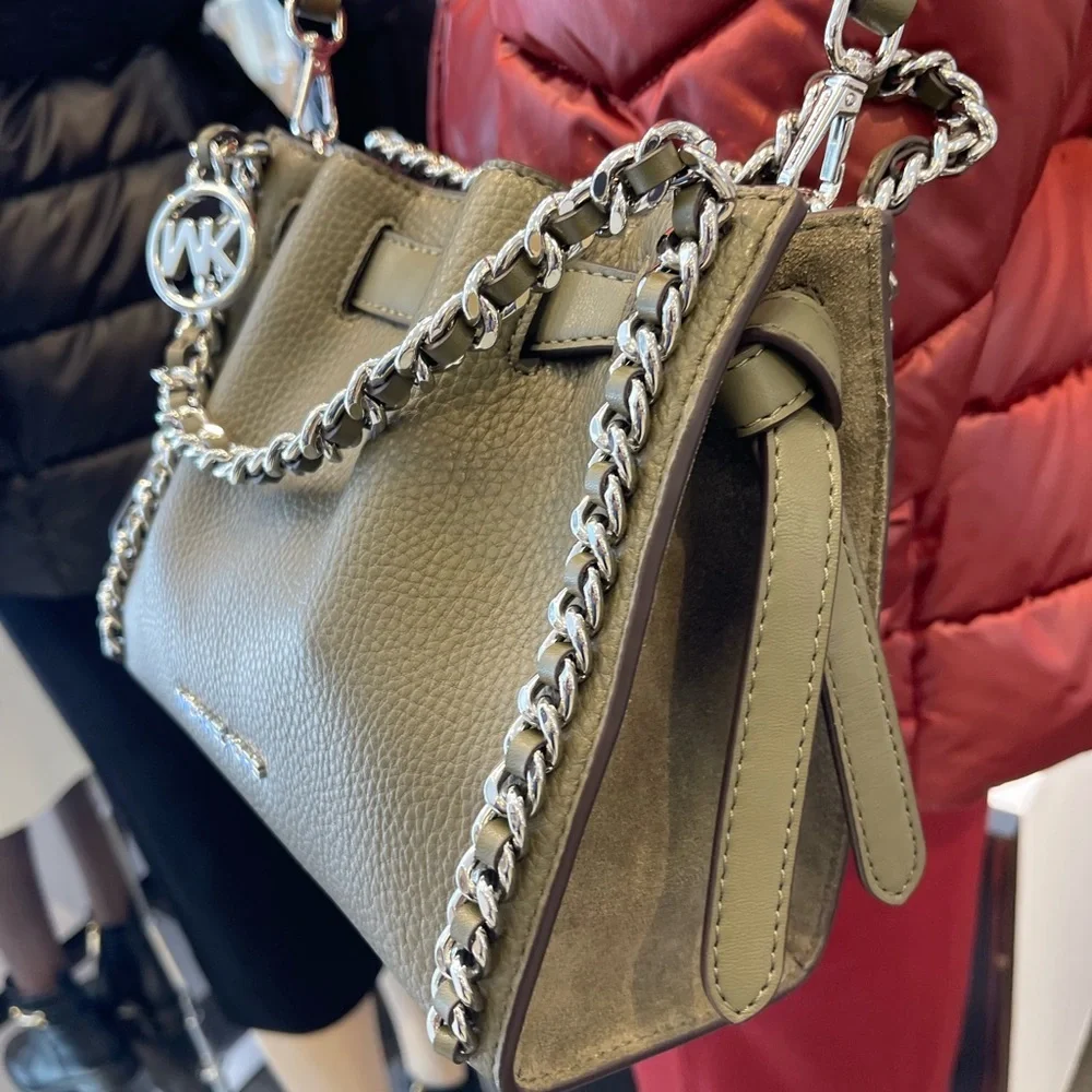 MICHAEL KORS Mina Small Chain Convertible Crossbody XBody Bag Olive Belted NWT